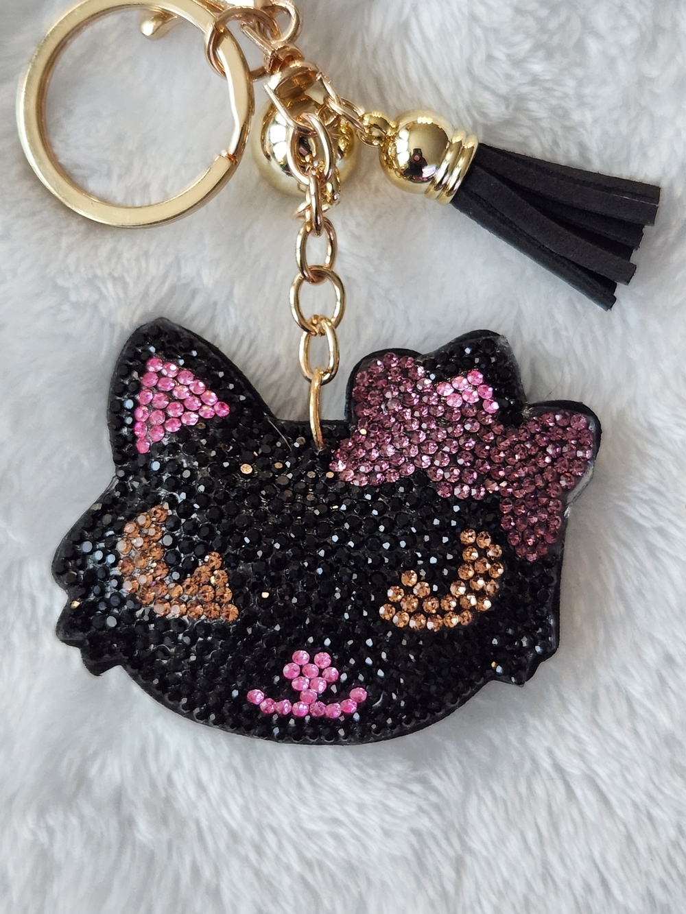 Sparkly Black Cat Keychain with Pink Bow Rhinestone Bag Charm - Picture 2 of 3
